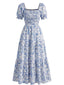 Robe Bleu Petites Fleurs Manches Bouffantes Froncée Années 1940