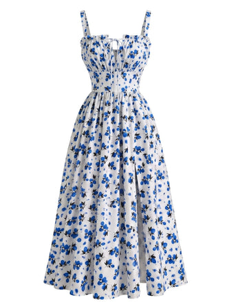 Robe Midi Ligne A Fendue Froncée à Nœud Floral Fruité Années 40