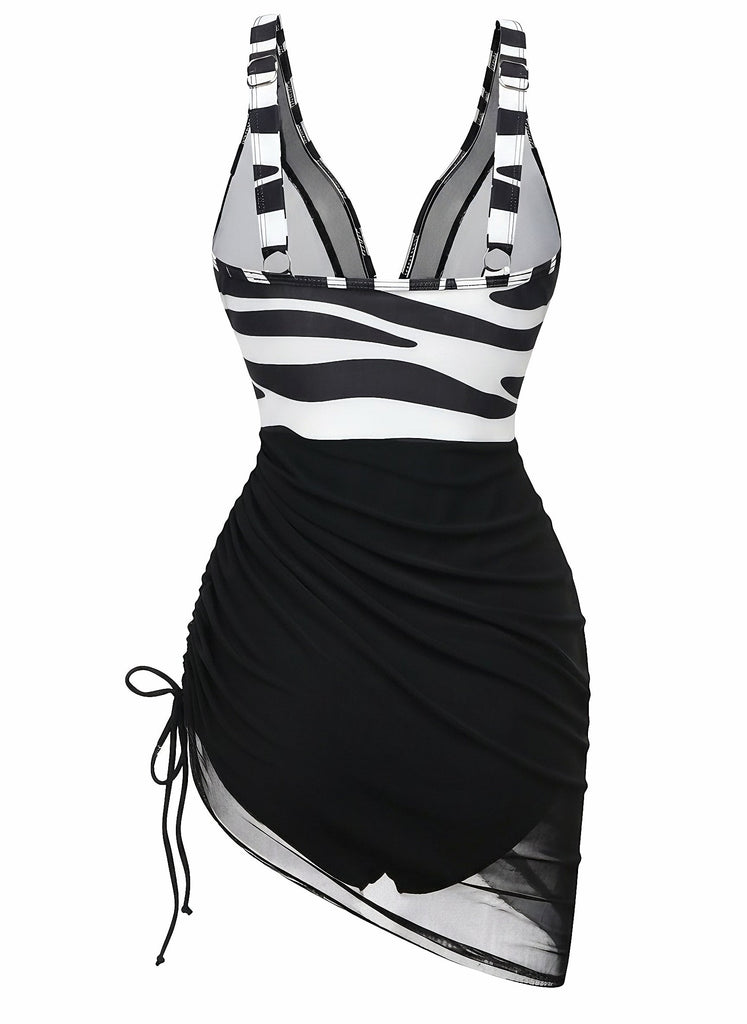 Maillot de Bain Une Pièce Zèbre Filet Imprimé Noir et Blanc Années 1940 2