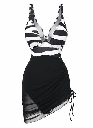 Maillot de Bain Une Pièce Zèbre Filet Imprimé Noir et Blanc Années 1940