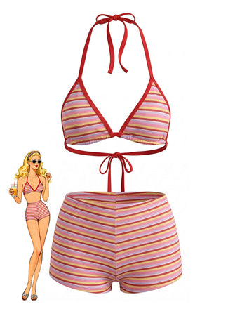Ensemble Bikini Triangle Côtelé Dos-Nu Rayé Rouge Années 1940