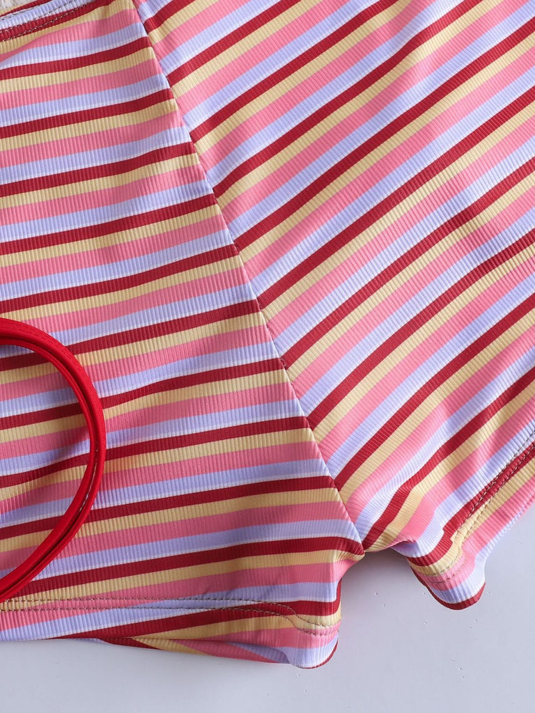 Ensemble Bikini Triangle Côtelé Dos-Nu Rayé Rouge Années 1940