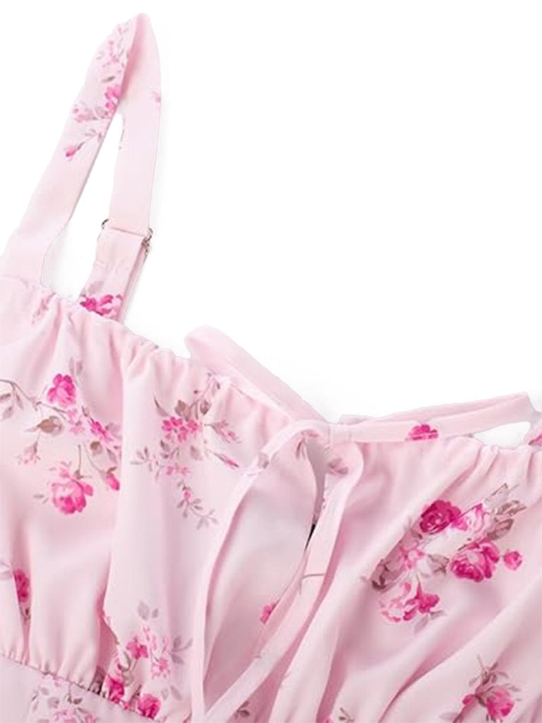 Florale Noué Devant Col Carré Midi Robe Années 1940 7