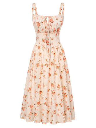 Florale Noué Devant Col Carré Midi Robe Années 1940 2