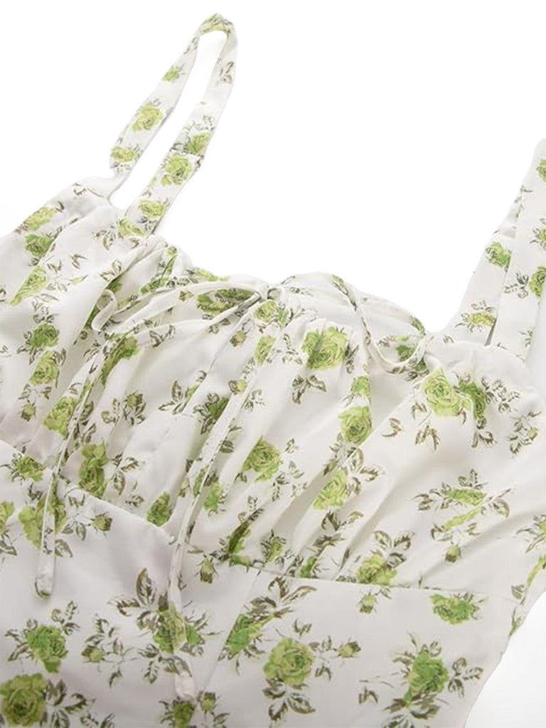 Florale Noué Devant Col Carré Midi Robe Années 1940 12