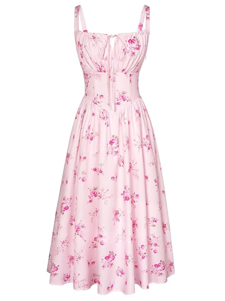 Florale Noué Devant Col Carré Midi Robe Années 1940 4