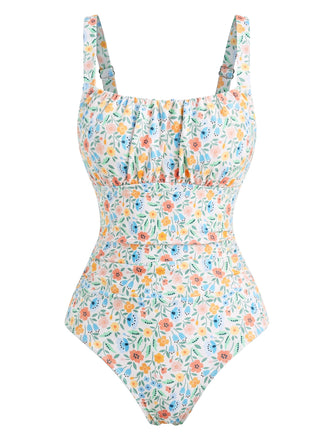 Froncé Col Carré Petites Fleurs Florale One-Pièce Maillot de Bain Années 1940 2