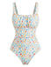 Froncé Col Carré Petites Fleurs Florale One-Pièce Maillot de Bain Années 1940 2
