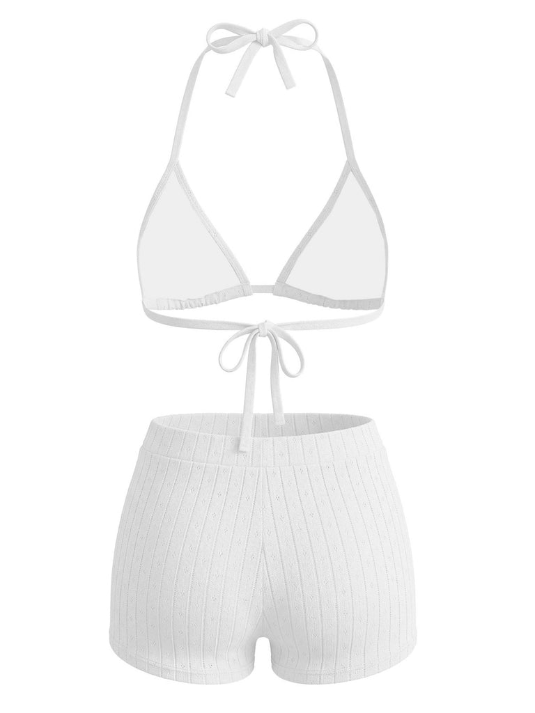 Ensemble Bikini Texturé Halter Uni Triangle Années 1940 9