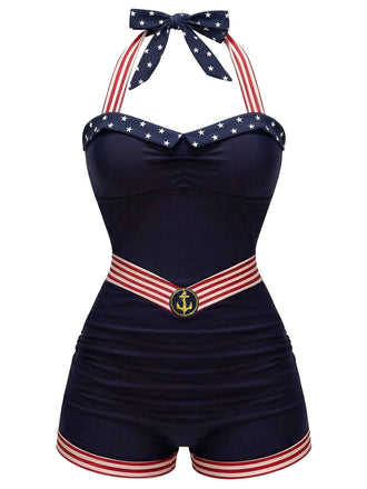Maillot de Bain Dos-Nu Patchwork Étoiles Rayures & Ancre Bleu Marine Années 1940
