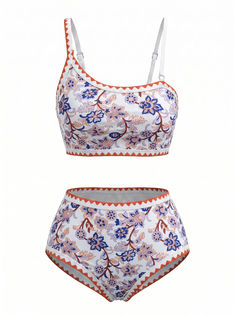 Ensemble Bikini Floral Botanique Asymétrique Taille Haute Années 1950 4