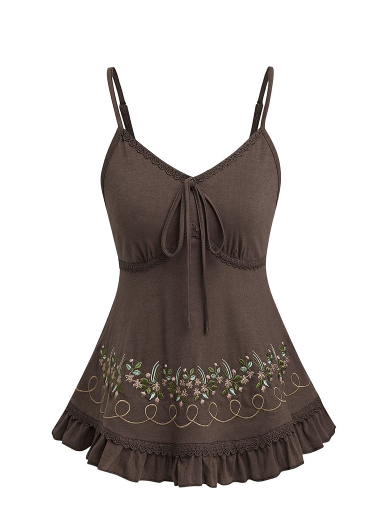 Top Cami Brodé Floral avec Dentelle Années 50
