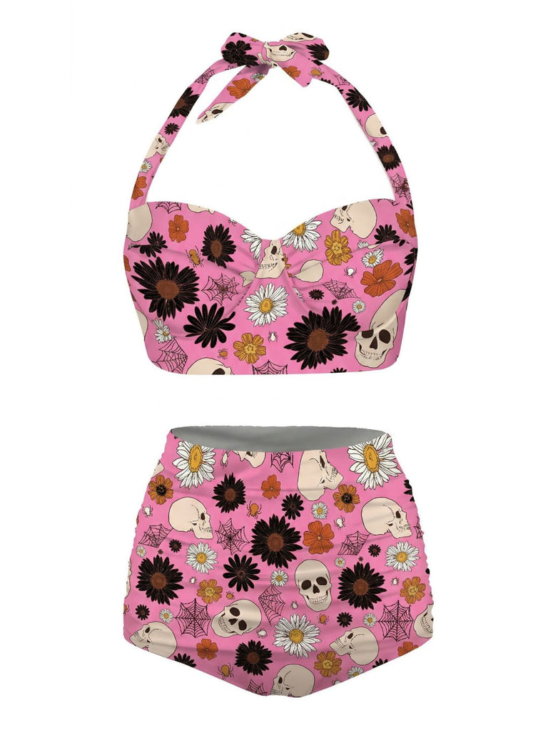 Maillot de bain dos nu à lacets imprimé floral noir des années 1950