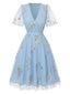 [Prévente] Robe bleu manches bouffantes et broderies florales en résille années 50