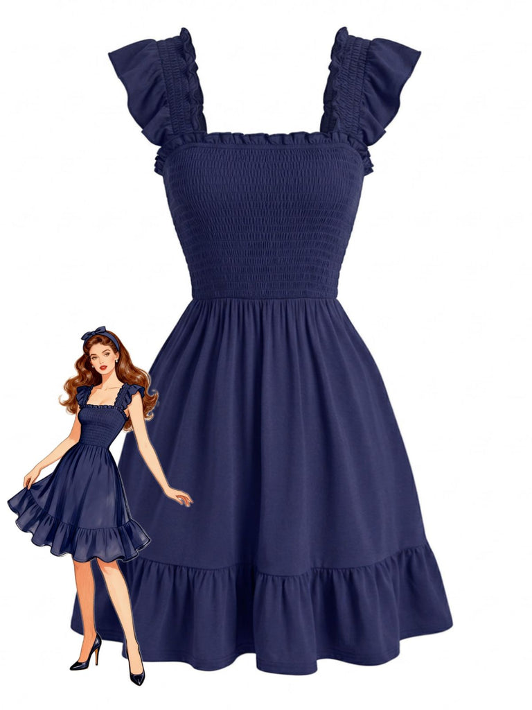 Robe Smockée Col Carré à Manches à Volants Années 1950