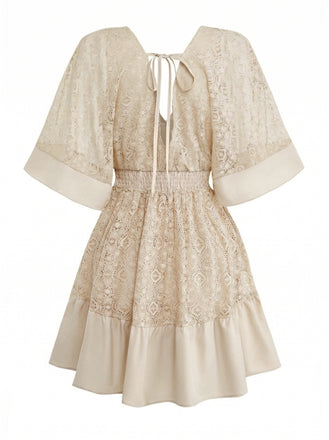 Uni Dentelle Patchwork Chauve-Souris Sleeve Col en V Robe Années 1970 2