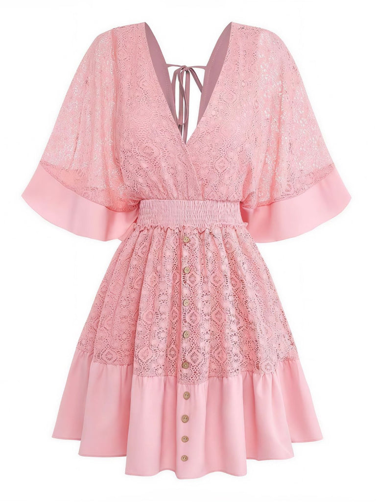 Uni Dentelle Patchwork Chauve-Souris Sleeve Col en V Robe Années 1970 3