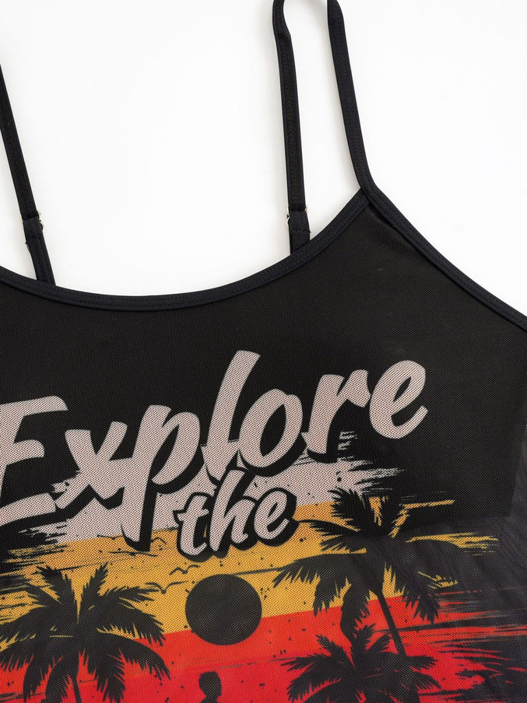 Ensemble Tankini en Maille à Bretelles Fines Imprimé Palmiers Années 1950