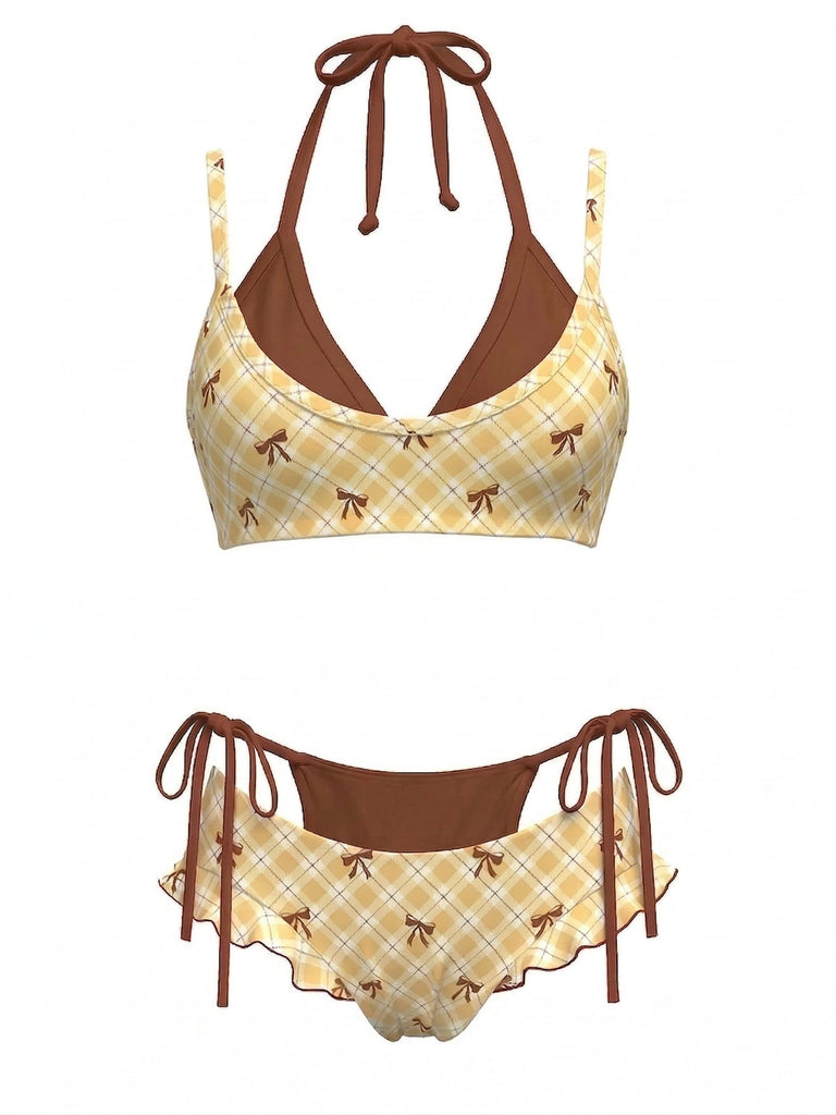 [Prévente] Ensemble Bikini Double Couche Halter à Carreaux avec Nœud Vert Années 1950 4