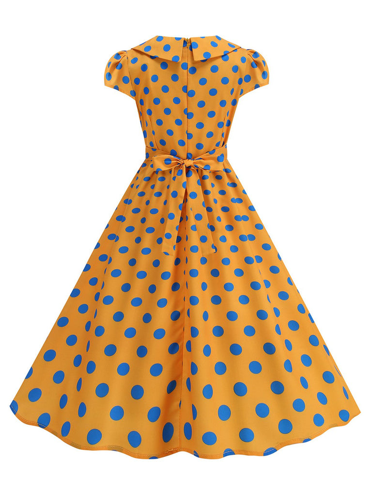 Robe Évasée à Pois Col à Revers Manches Courtes Années 1950 10