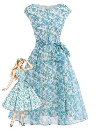 [Prévente] Robe Évasée Florale Col Bateau Ceinture à Nouer Années 1950
