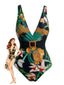 Maillot de bain motif léopard tropical décolleté V et boucle années 50