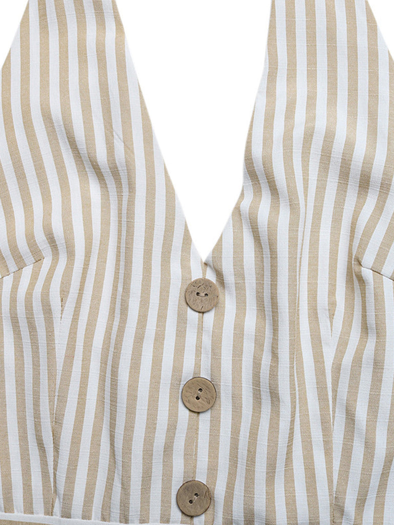 Combishort Dos-Nu Rayé Taille Cintrée Beige Années 1950