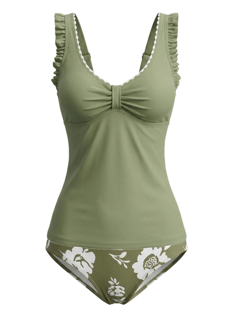 Ensemble Tankini Floral Froncé à Bretelles Volantées années '50 7