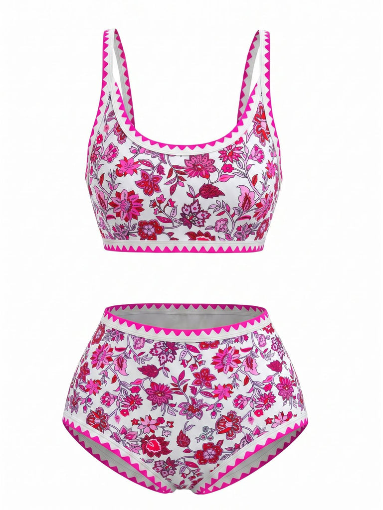 Ensemble Bikini Rose Col Rond Floral Taille Haute Années 1950
