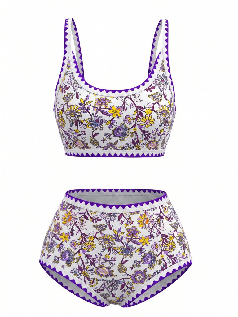 Ensemble Bikini Rose Col Rond Floral Taille Haute Années 1950