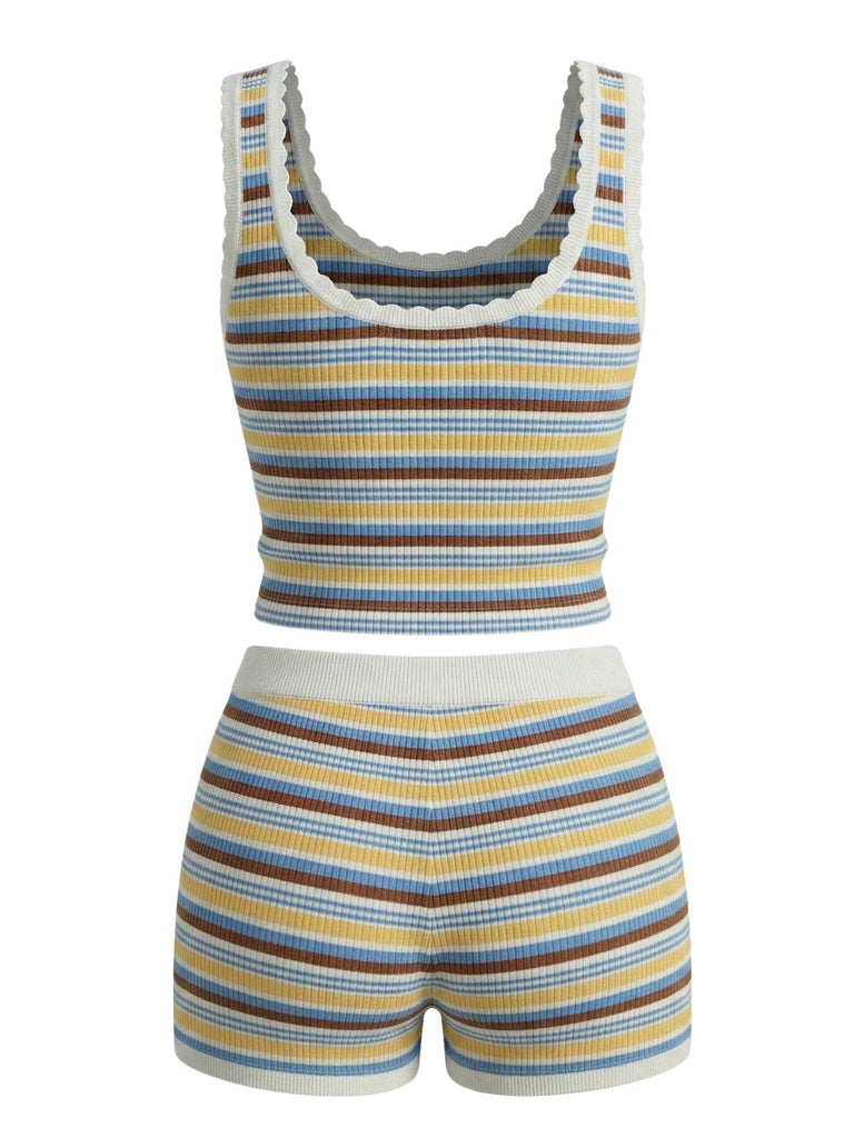 Rayée Côtelé Dentelle Bordure Short Ensemble Rainbow Années 1950 2