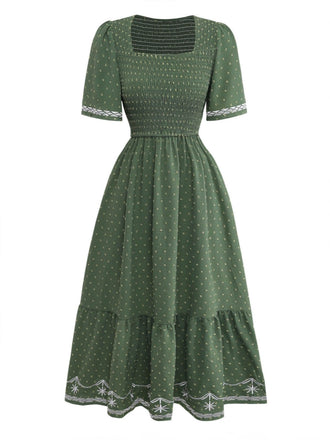 Col Carré Broderie Jacquard Smockéé Robe Années 1940 2