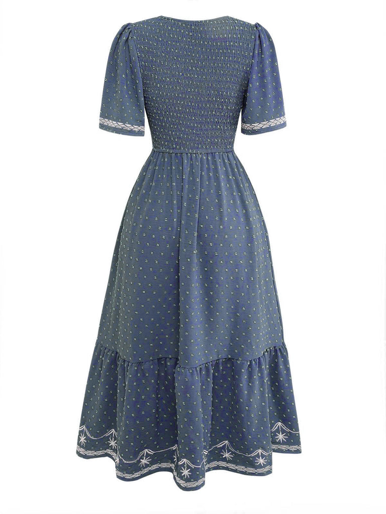 Col Carré Broderie Jacquard Smockéé Robe Années 1940 9