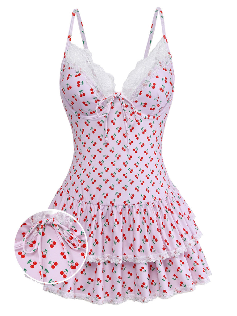 Maillot de Bain Une Pièce Bordure Dentelle Imprimé Cerises Rose Années 1940