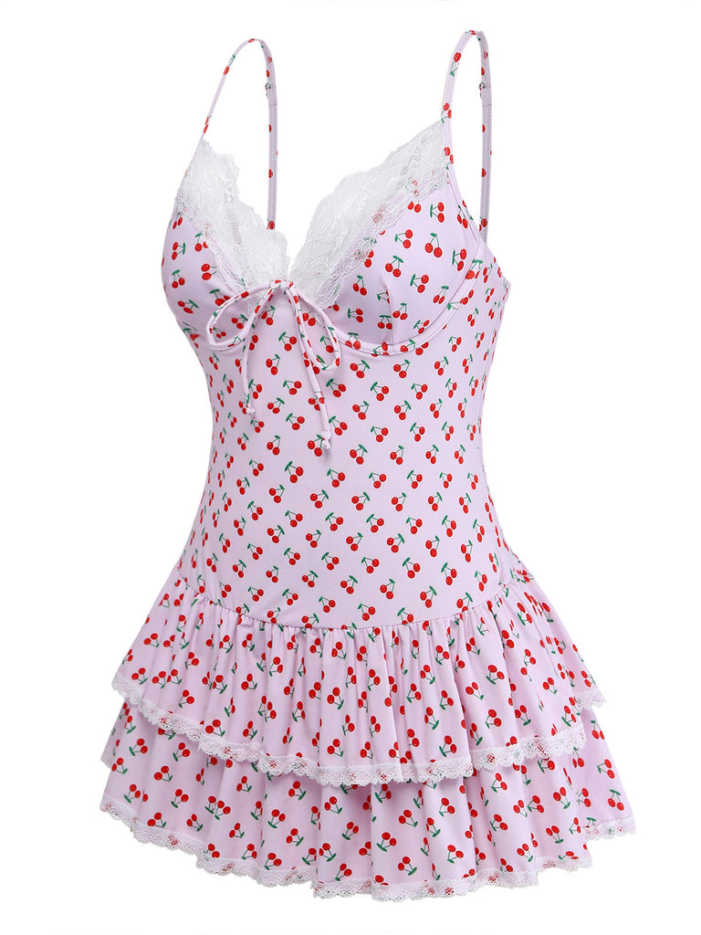 Maillot de Bain Une Pièce Bordure Dentelle Imprimé Cerises Rose Années 1940