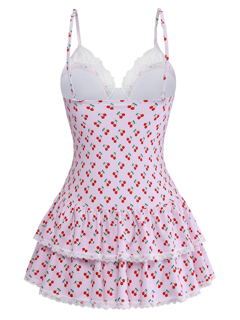 Maillot de Bain Une Pièce Bordure Dentelle Imprimé Cerises Rose Années 1940