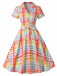 à Carreaux Revers Manches Courtes Robe Multicolore Années 1940