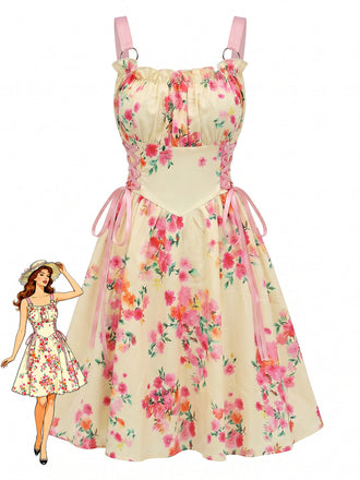 Robe Évasée Imprimée Fraises Col Claudine avec Ceinture années '50