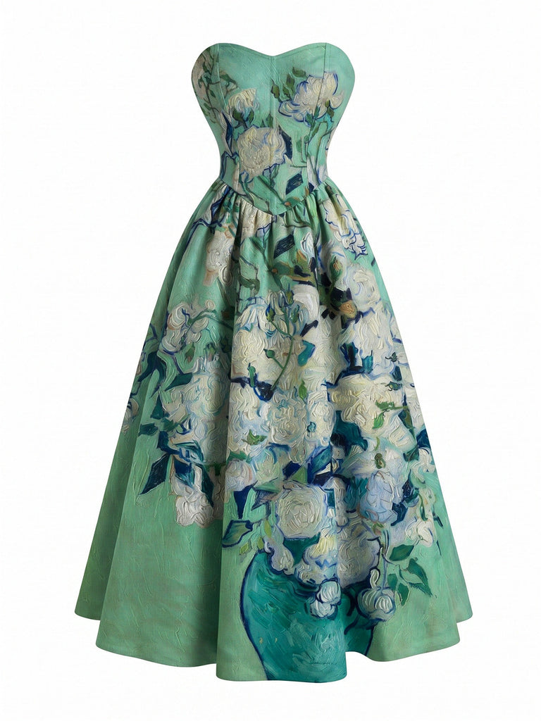 [Prévente] Robe bustier lavande motif tournesols et décolleté cœur années 50