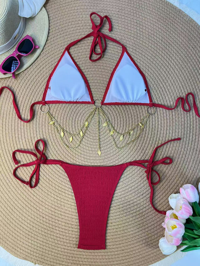 Ensemble Bikini Triangle Côtelé Chaîne Dorée Années 1960 7