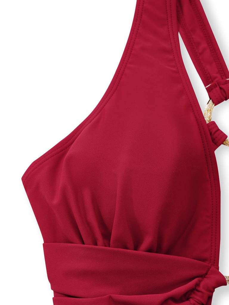 1960s Ruched Drawstring One Piece Swimsuit - vintage swimsuit, pin-up style