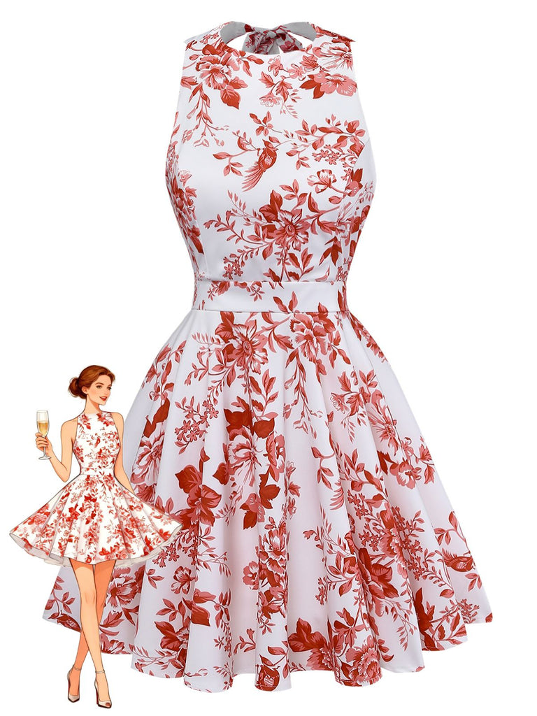 Robe Évasée Dos-Nu Sans Manches Imprimé Floral Années 1960