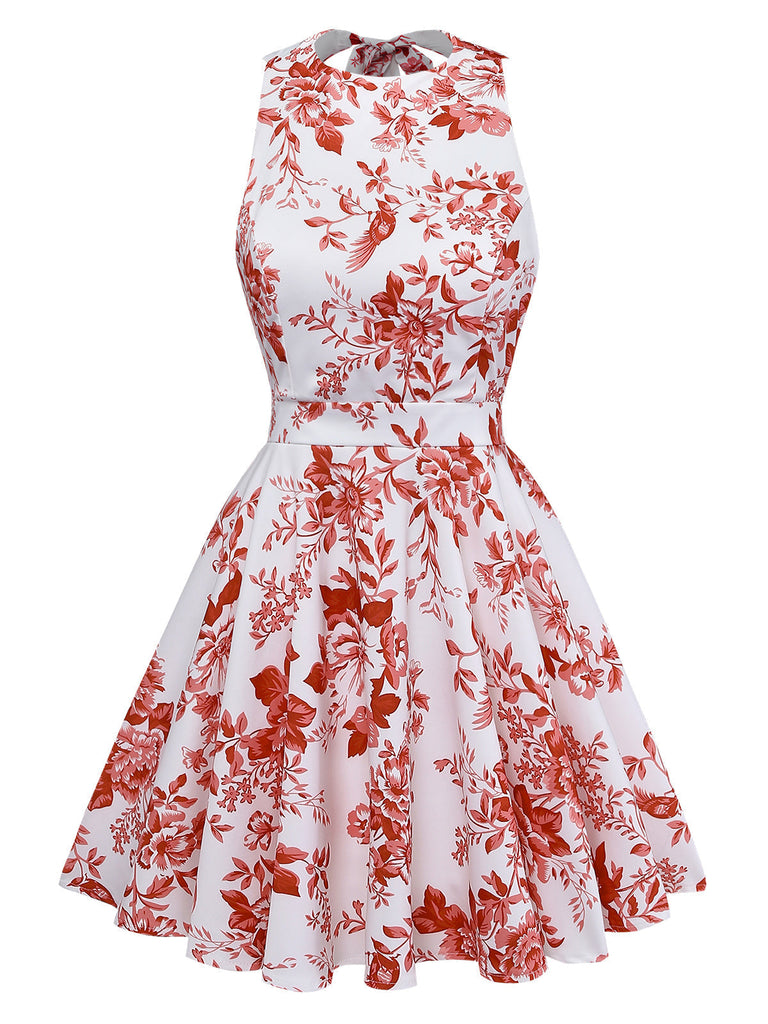 Robe Évasée Dos-Nu Sans Manches Imprimé Floral Années 1960