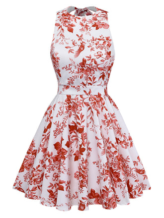 Robe Évasée Dos-Nu Sans Manches Imprimé Floral Années 1960