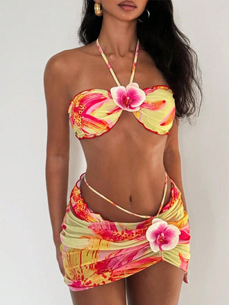 Ensemble 2 Pièces Bikini Dos-Nu Floral & Cache-Maillot Moulant Années 1960