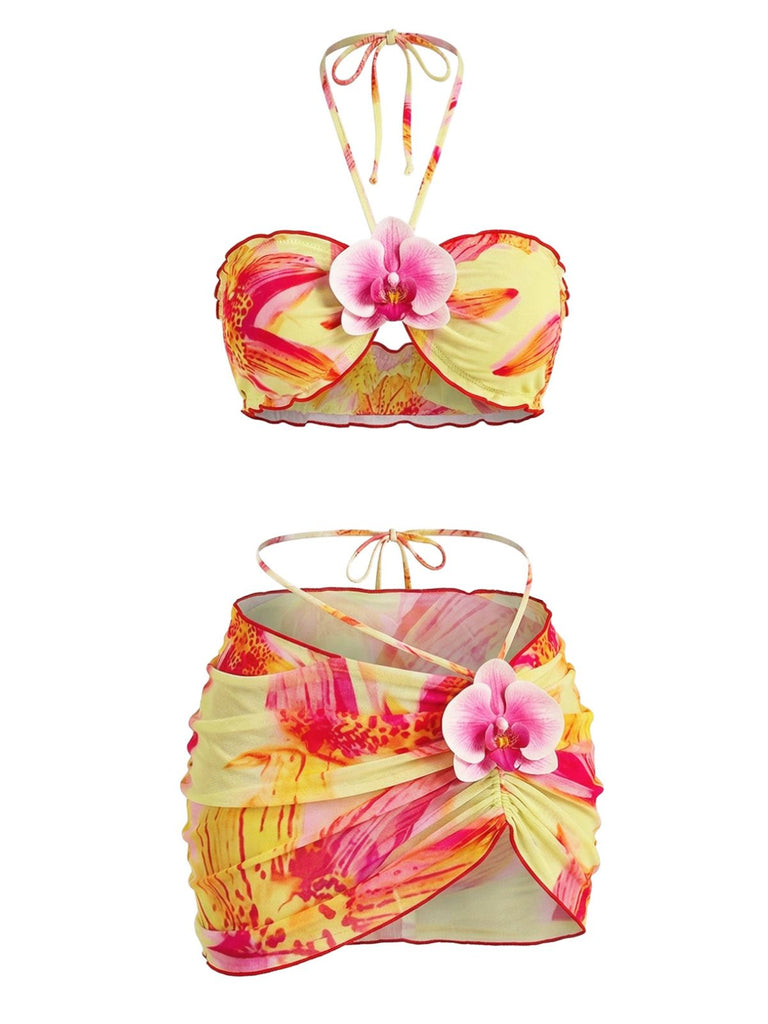Ensemble 2 Pièces Bikini Dos-Nu Floral & Cache-Maillot Moulant Années 1960