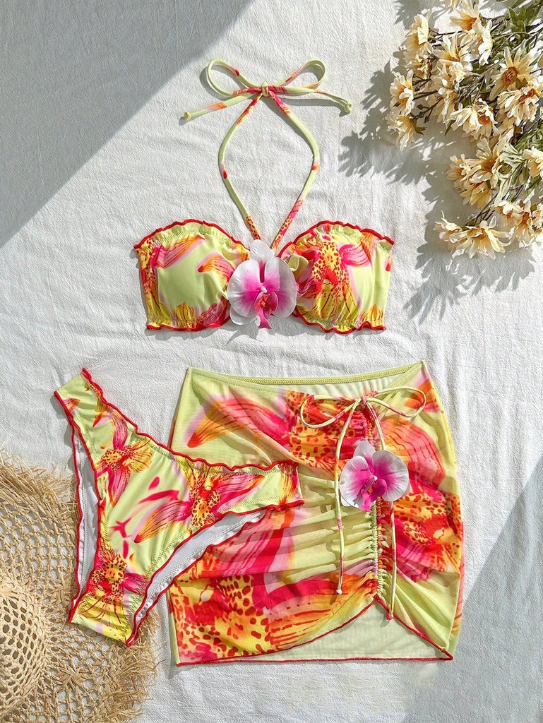 Ensemble 2 Pièces Bikini Dos-Nu Floral & Cache-Maillot Moulant Années 1960
