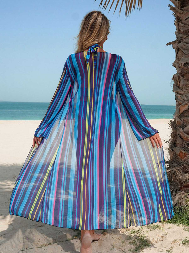 Ensemble Bikini Lacé à Rayures Verticales et Cache-Maillot Années 60