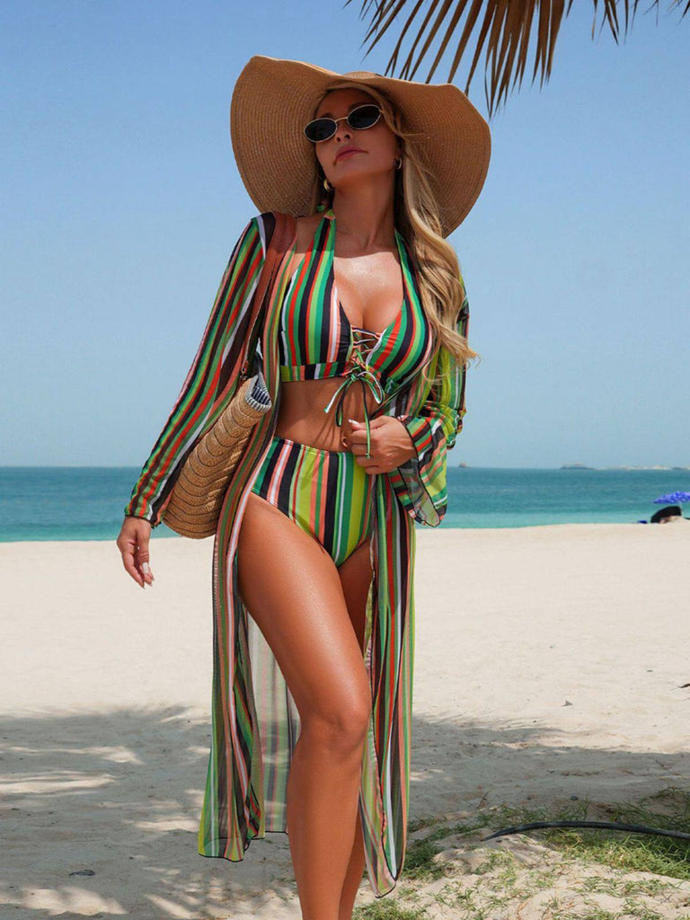 Ensemble Bikini Lacé à Rayures Verticales et Cache-Maillot Années 60