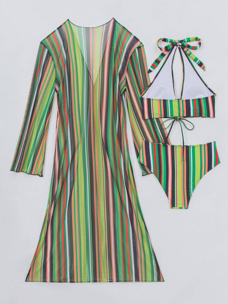 Ensemble Bikini Lacé à Rayures Verticales et Cache-Maillot Années 60